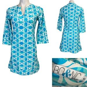 Bo & Nic dress‎ swim coverup sz small Blue Patterned knit 3/4 sleeve knee length